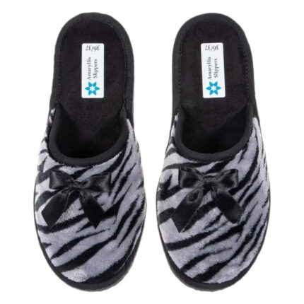 Γυναικεία παντόφλα μαύρο fleece ζέβρα με φιόγκο Amaryllis 7111-1 Μαύρο χρώμα